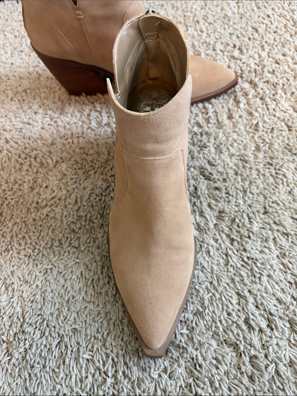 Vince Camuto Beige Suede Ankle Booties with Stacked Heel - Picture 2 of 5